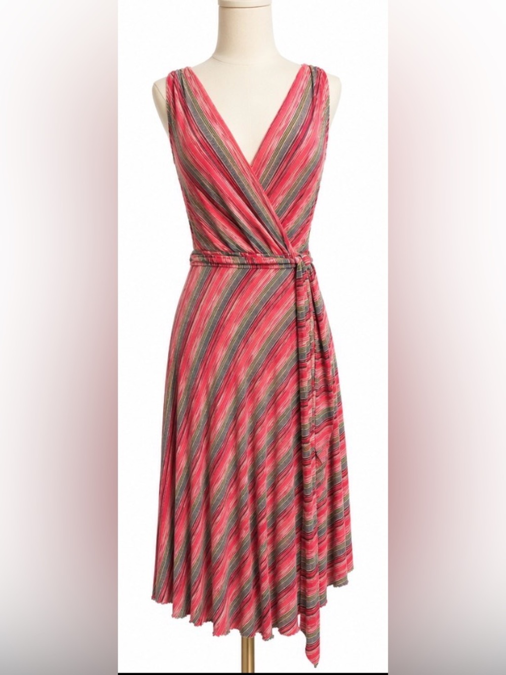 Bailey 44 Sleeveless Faux Wrap Dress Pink Coral Striped Tie Waist Small